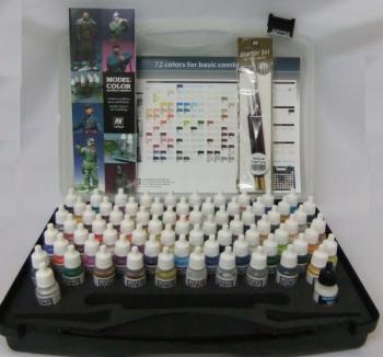 AV Vallejo Model Color Basic Colour Combinations Box Set (72 colours + 3 brushes + case)